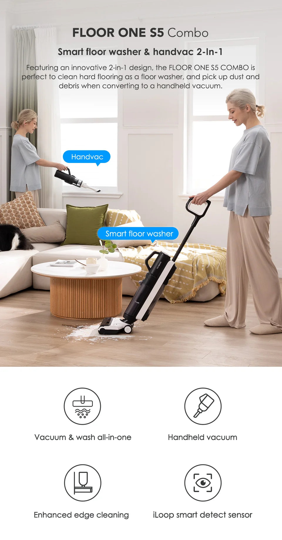 Tineco Floor One S5 Combo Wet Dry Vacuum Cleaner Cordless Smart Floor Washer Upright Home Electric Mop Wireless Self-Cleaning