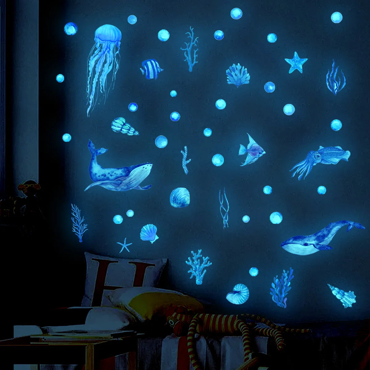 1 juego de pegatinas de pared luminosas de animales marinos azules autoadhesivas a prueba de fecha y desmontables para decoración de habitación de niños