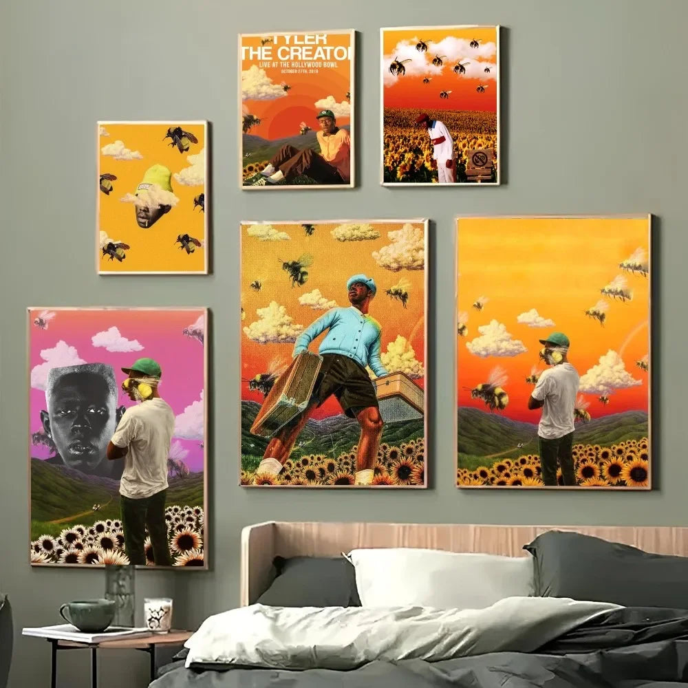 1 póster con impresión retro de Tyler The Creator, cantante y rapero, adhesivo HD resistente al agua para dormitorio, entrada, hogar, sala de estar, decoración de pared