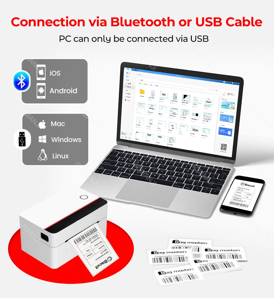 Impresora térmica de etiquetas X-Printer D463B de 80 mm, máquina para fabricar etiquetas de envío de 110 mm, USB, Bluetooth, impresión de códigos de barras de 3 o 4 pulgadas