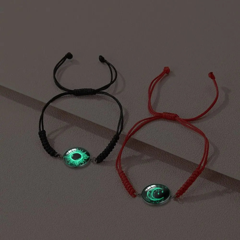 2Pcs Romantic Couple Bracelet Stainless Steel New Sun and Moon Lovers Charm Bracelet Glow in The Dark Adjustable Woven Bracelet