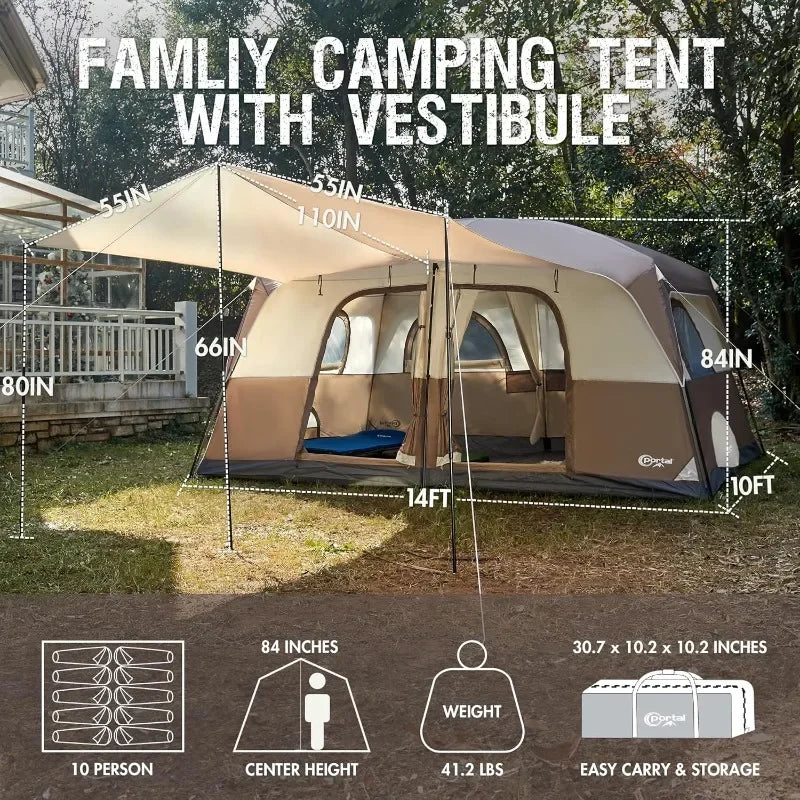Tienda de campaña para 10 personas con porche, gran tienda de campaña familiar con 2 habitaciones, cortina dividida, para acampar al aire libre, viajar, resistente al agua