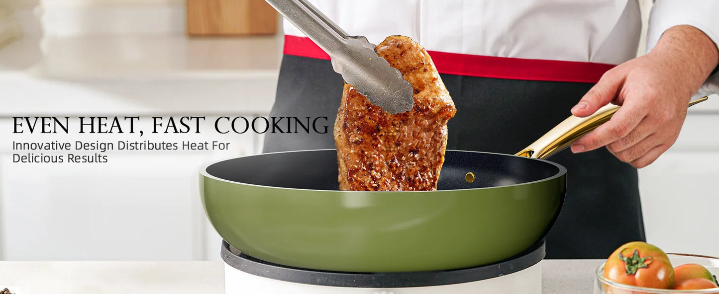 Nuwave Lux LE 13-Pc Cookware Set with Elegant Gold Handle Diamond Infused Ceramic Non-Stick PFAS Free Premium Metal Lids Avocado