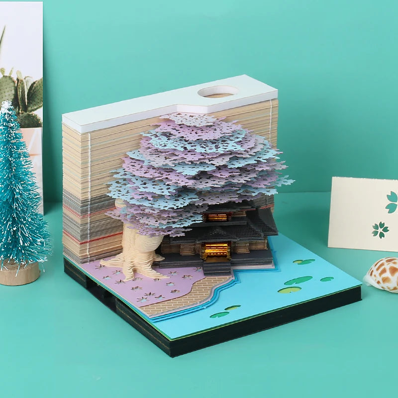 2024 Calendar Memo Pad With LED Lights,Time Piece Calendar,Creative Desk Calendar DIY Paper Carving Art Craft Desktop Decoration