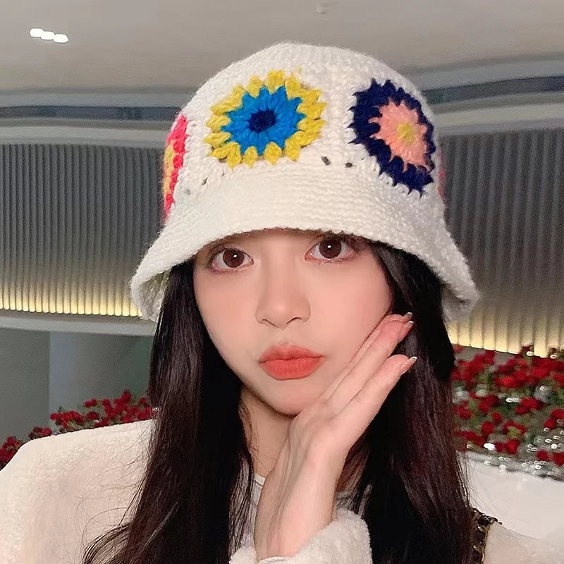 2022 New Korean-Japanese Hand Buckle Crochet Bucket Hat Spring and Autumn Winter Sun Hat Female Cherry Designer Bob Basin Hat