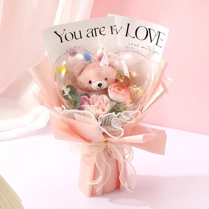 Artificial Rose Flower Bouquet Doll Bear Birthday Party Mother's Day Gift Wedding Bouquet Romantic Appointment Decor Accessories