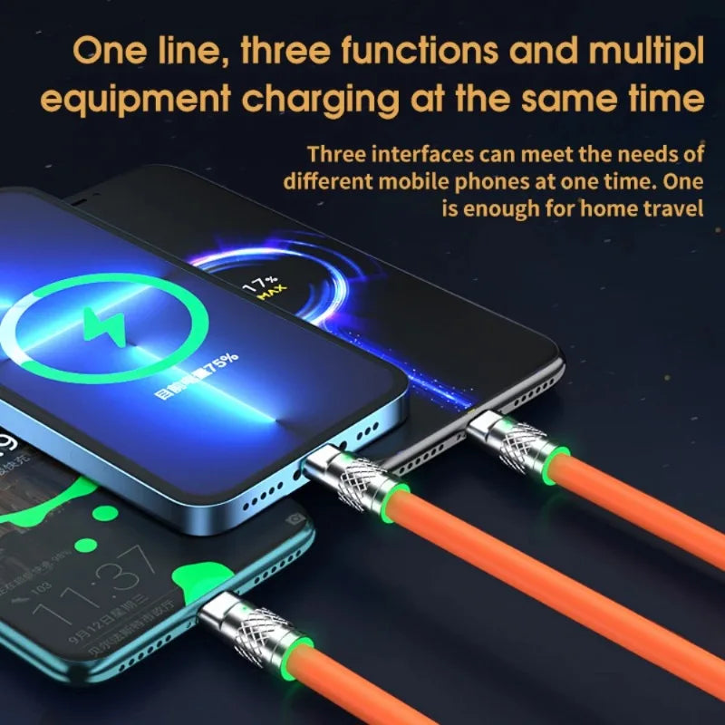 120W 3 In 1 Fast Charging Cable Micro USB Type C Multiple USB Port Mobile Phone Charging Cables For Xiaomi Samsung iPhone 14 13