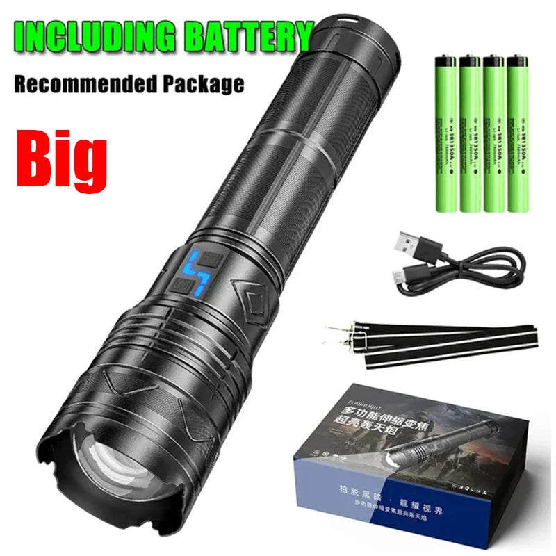 Linterna LED potente GT60 de 100 W, linterna táctica de largo alcance con pantalla de potencia, linterna con zoom recargable por USB para acampar al aire libre