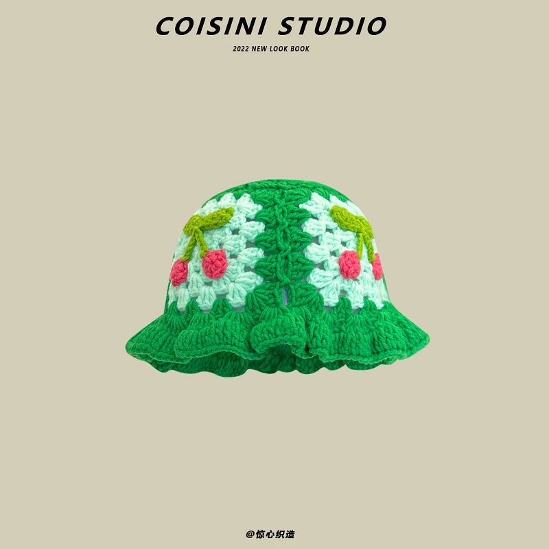 2022 New Korean-Japanese Hand Buckle Crochet Bucket Hat Spring and Autumn Winter Sun Hat Female Cherry Designer Bob Basin Hat