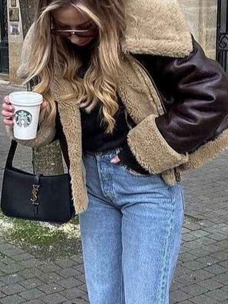 Chaqueta cálida de lana de cordero para mujer de ZBZA, abrigo de piel gruesa de estilo vintage con solapa y cremallera y manga larga con bolsillo, abrigo elegante de invierno