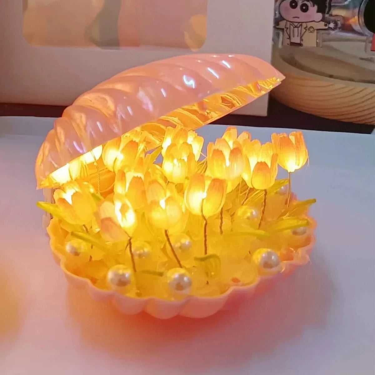Diy Tulip Night Lamp Handmade Flower Lamp Birthday Lights Creative Home Pink/White Seashell Led Lamps Christmas Nightlight Light