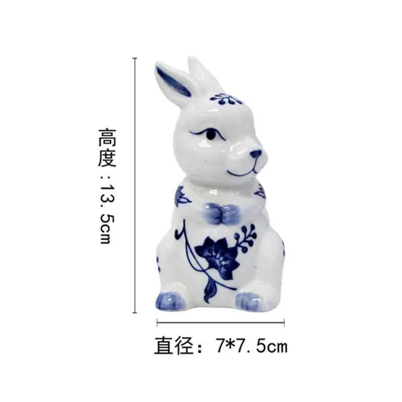 Blue and White Porcelain Rabbit Sculpture Decoration Cute Animal Ceramic Crafts Office Room Ornament