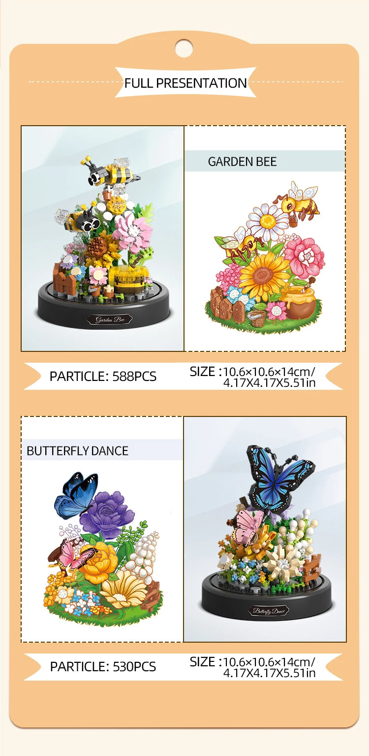 Balody Bee Butterfly Flower Bonsai Building Blocks Insect Plant Potted Model Bricks With Dust Cover DIY Toy For Kid Holiday Gift