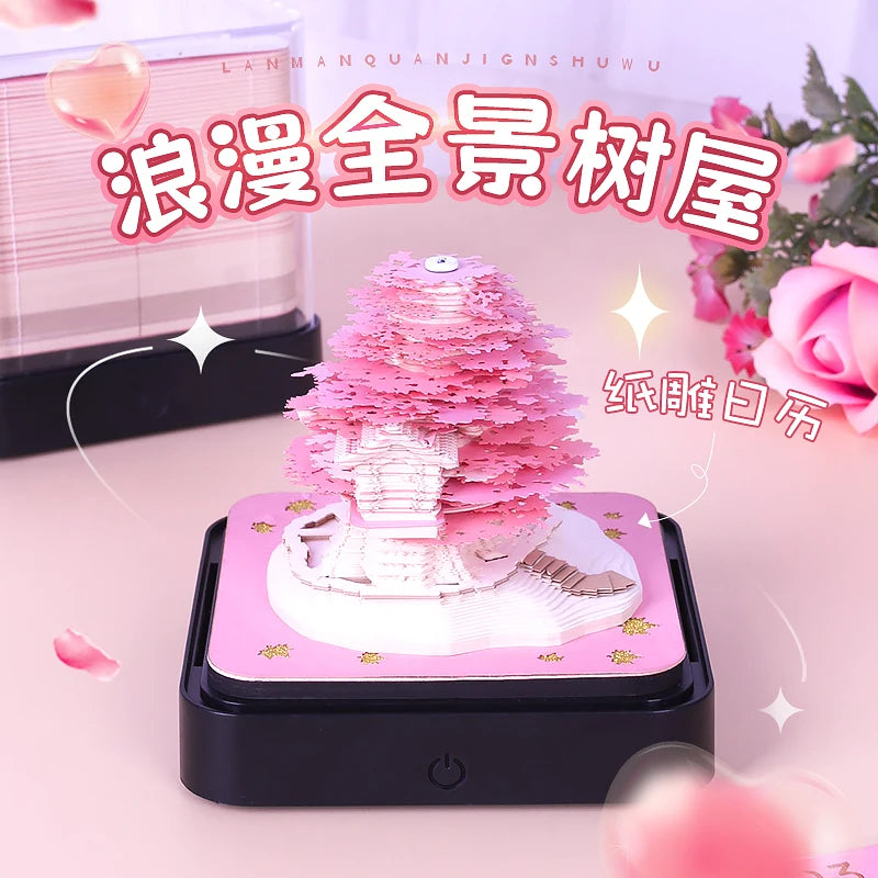 2024 Calendar Memo Pad With LED Lights,Time Piece Calendar,Creative Desk Calendar DIY Paper Carving Art Craft Desktop Decoration