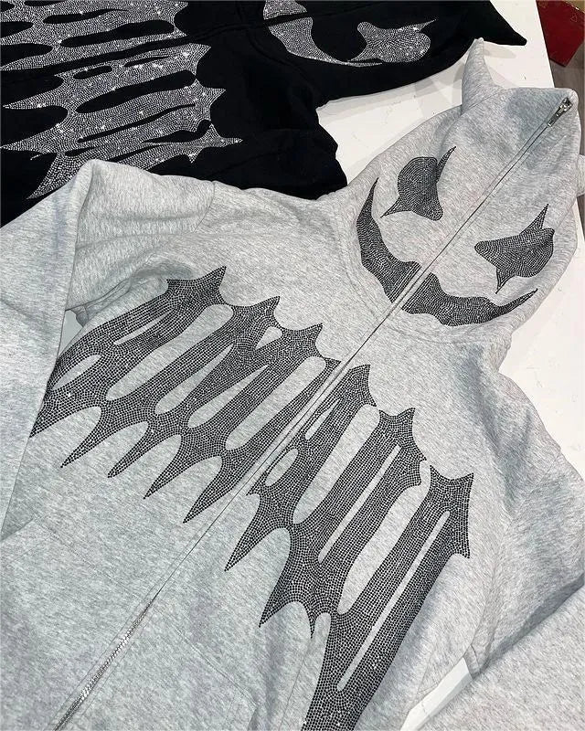 Sudadera con capucha y cremallera de cara completa con diamantes de imitación unisex Y2K, holgada, de gran tamaño, con estampado de letras góticas y estrellas, para hombre y mujer