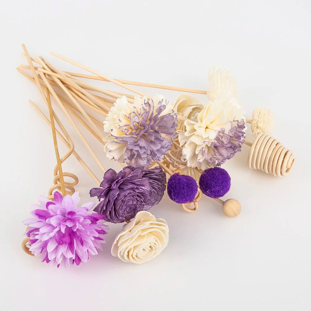 19 varillas de repuesto para difusor de aceite de ratán, hechas a mano, con flores de imitación moradas