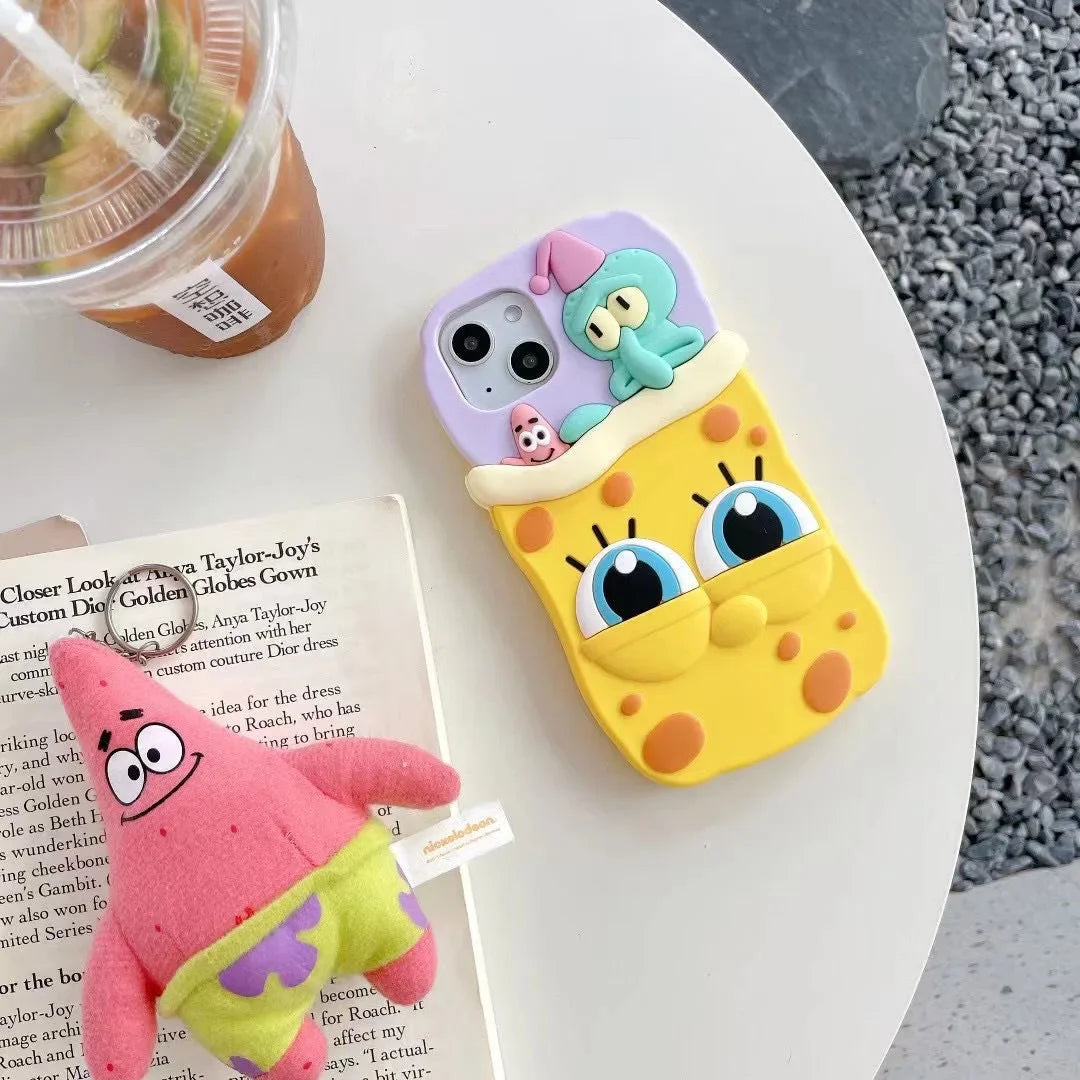3D Cartoon Cute SpongeBobs SquarePants Patricks Stars Phone Case For IPhone 15 14 13 12 11 Pro Max Soft Silicone Back Cover Gift