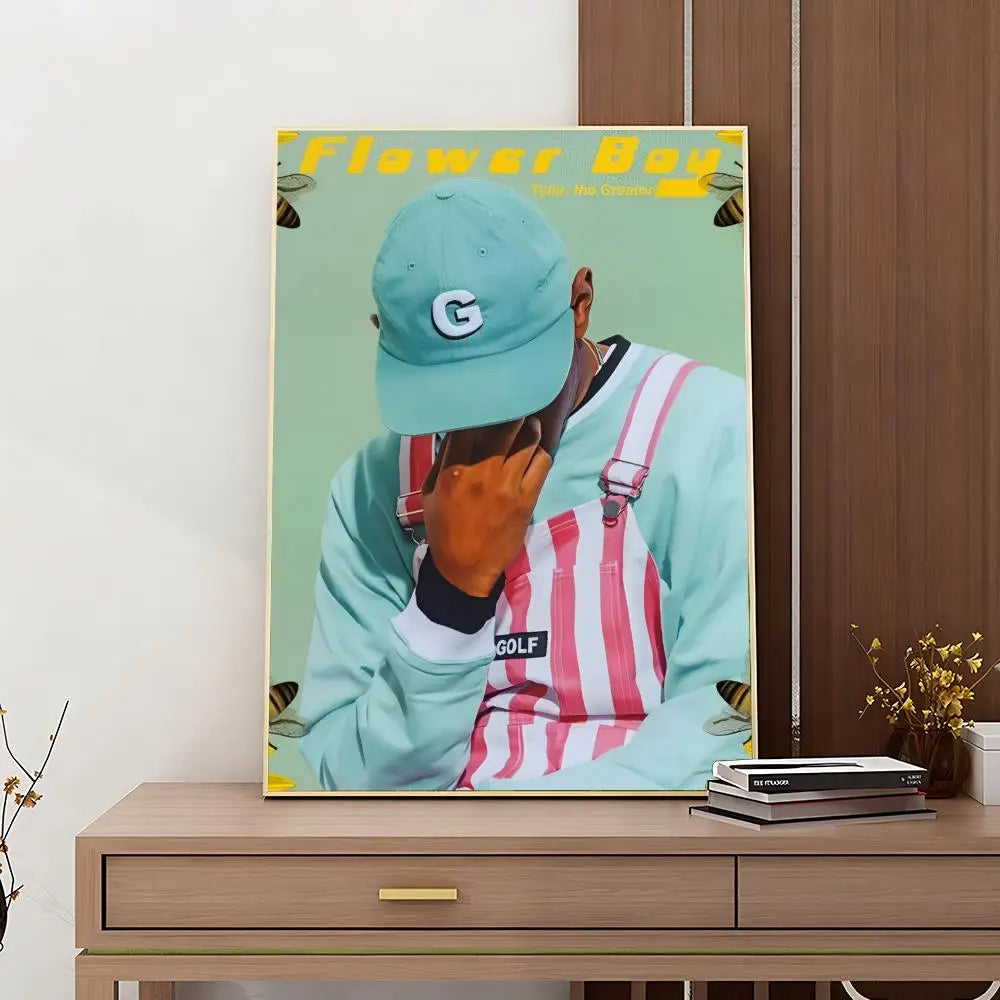1 póster con impresión retro de Tyler The Creator, cantante y rapero, adhesivo HD resistente al agua para dormitorio, entrada, hogar, sala de estar, decoración de pared