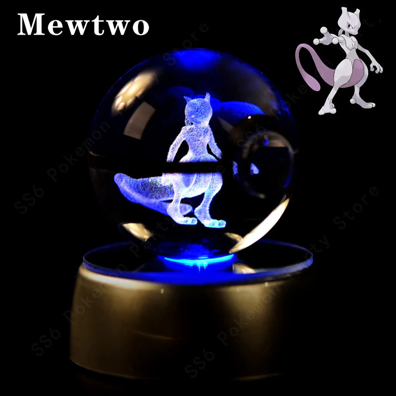 Lámpara de bola de cristal de Pokémon 3D, Pikachu, Gengar, Mew, Mewtwo, base para lámpara, bola de cristal de Pokémon, figura de bola de cristal, luz nocturna, regalo de cumpleaños
