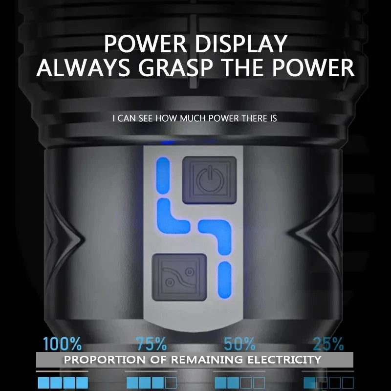 Linterna LED potente GT60 de 100 W, linterna táctica de largo alcance con pantalla de potencia, linterna con zoom recargable por USB para acampar al aire libre