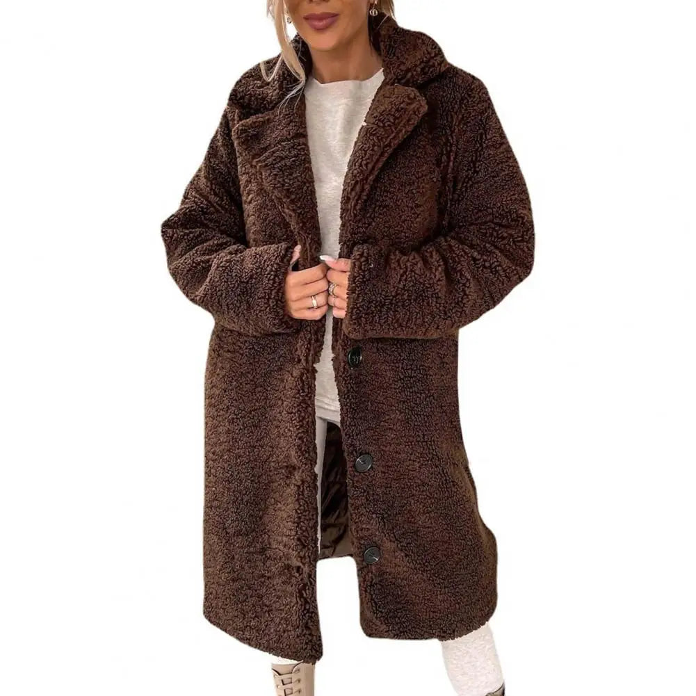 Trendy Women Overcoat Autumn Winter Women Trench Coat Long Style Pure Color Single-breasted Teddy Jacket Windproof