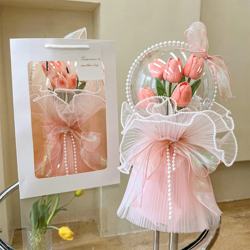 Artificial Flower Tulip Bouquet 5Heads Real Touch Fake Flower Wedding Birthday Party Decoration Mother's Day Pearl Bouquet Gifts