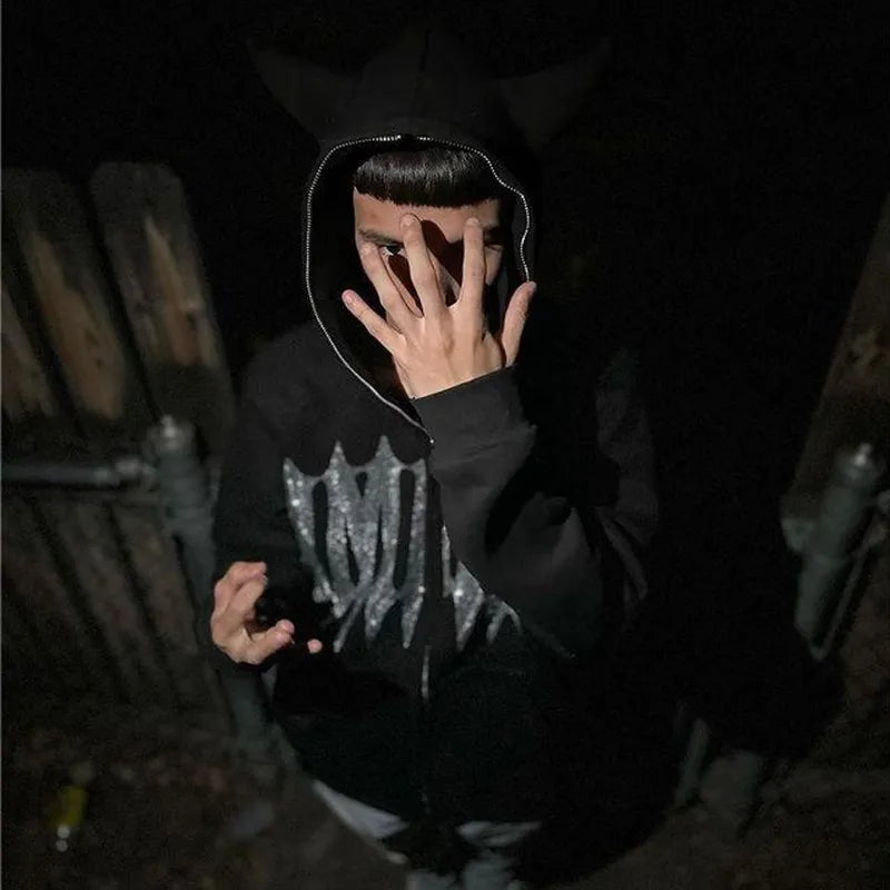 Sudadera con capucha y cremallera de cara completa con diamantes de imitación unisex Y2K, holgada, de gran tamaño, con estampado de letras góticas y estrellas, para hombre y mujer