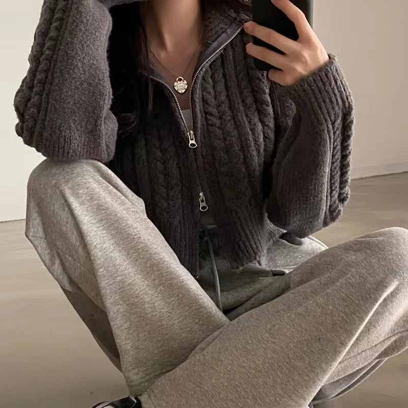 Twists Knit Short Coat Long Sleeve Zipper Sweater Casual Women Cardigan Vintage Winter Korean Chic Elegant 2024 Lady Trend Top