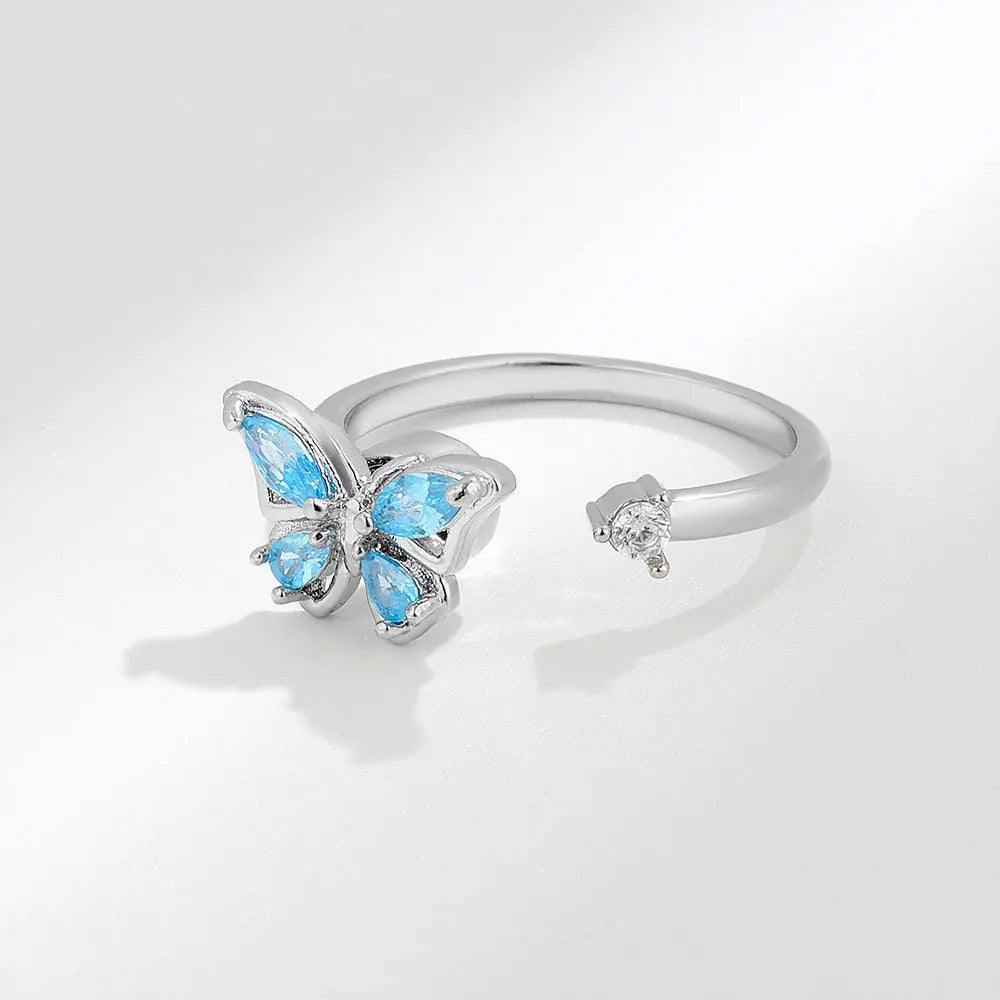 Blue Fidget Spinner Ring Anxiety for Women Multiple Crystal Flower Butterfly Animal Ring Rotate To Anti Stress for Wedding Party