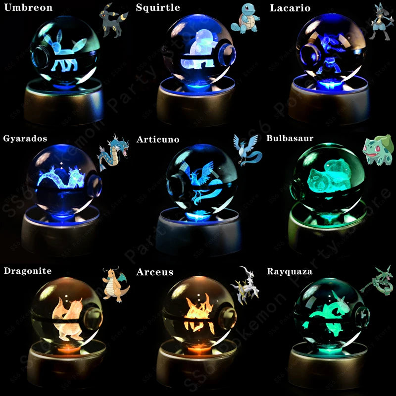 Lámpara de bola de cristal de Pokémon 3D, Pikachu, Gengar, Mew, Mewtwo, base para lámpara, bola de cristal de Pokémon, figura de bola de cristal, luz nocturna, regalo de cumpleaños