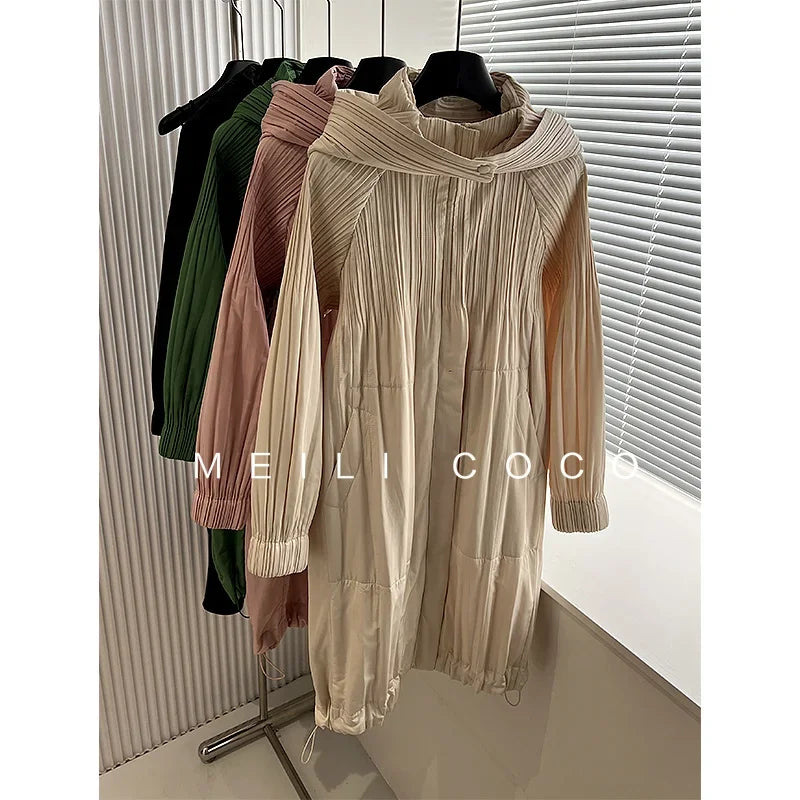 ALSEY Miyake Pleated Solid Collar Hooded Fashion Women's Jacket 2024 Autumn Winter New Long-sleeved Slim Lengthened Windbreaker