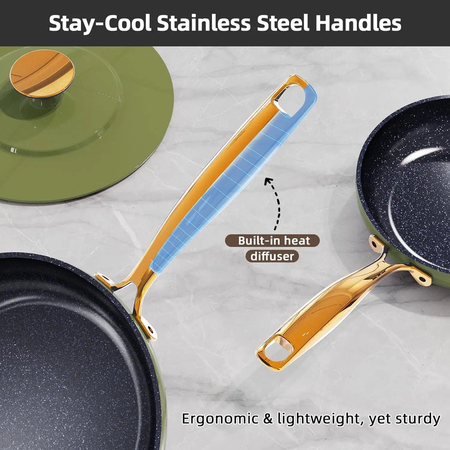 Nuwave Lux LE 13-Pc Cookware Set with Elegant Gold Handle Diamond Infused Ceramic Non-Stick PFAS Free Premium Metal Lids Avocado