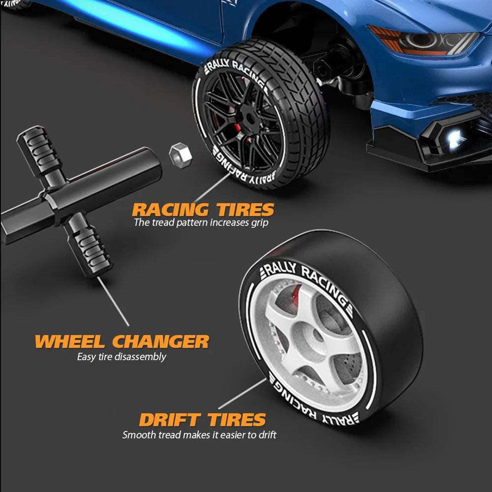 1:24 Coche de derrape RC de alta velocidad Mustang 4WD Coche de carreras de control remoto Regalo Coche de carreras de competición Juguete para niños Neumático reemplazable