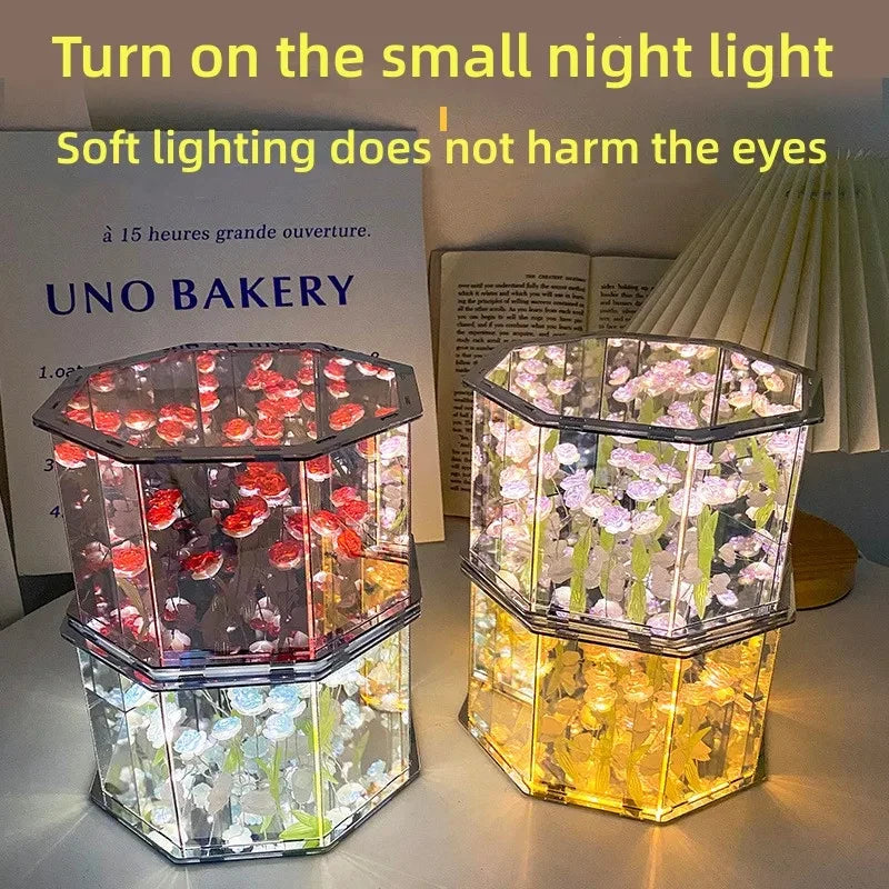 DIY Tulip Night Light Led Decorative Night Lamp Magic Cube Table Lamp and Mirror 2 in 1 for Birthday Gifts and Christmas Present