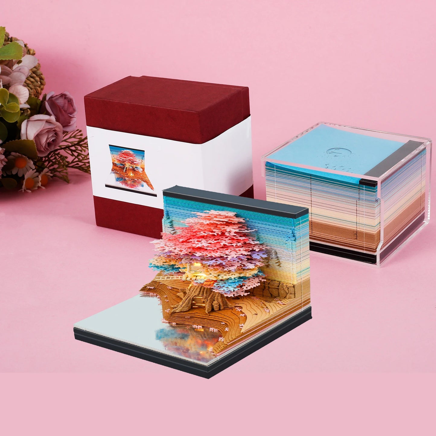 3D Memo Pad Paper Carving Notes 2024 Calendar Memo Pad with LED Light Tear-Away Paper Memo Pad Note Cards Birthday Gift Kids