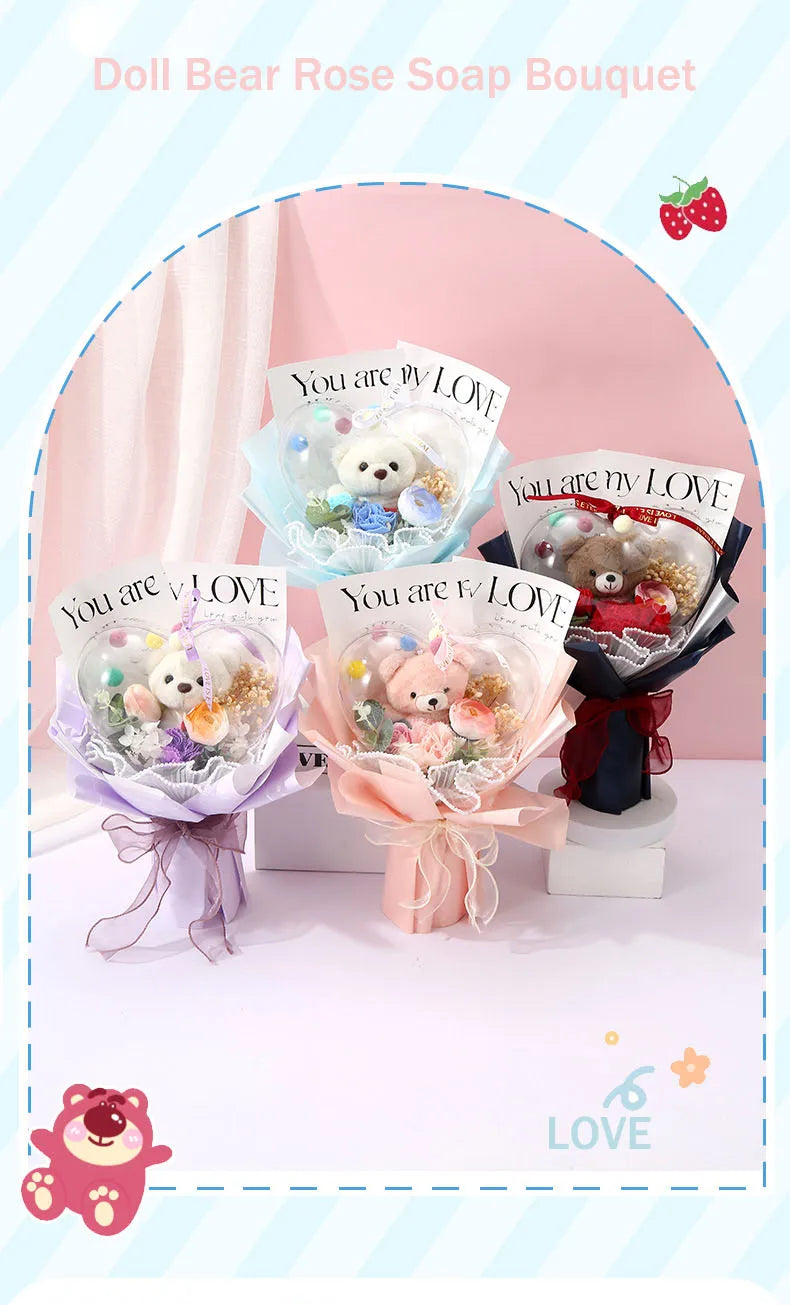 Artificial Rose Flower Bouquet Doll Bear Birthday Party Mother's Day Gift Wedding Bouquet Romantic Appointment Decor Accessories