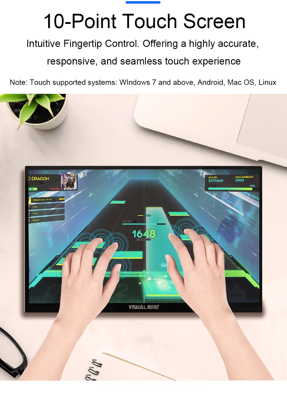 Visual Beat Portable Touch Screen Monitor 17.3'' 1080P FHD IPS USB-C Display with USB 2.0, HDMI, Dual Speakers for Laptop PC