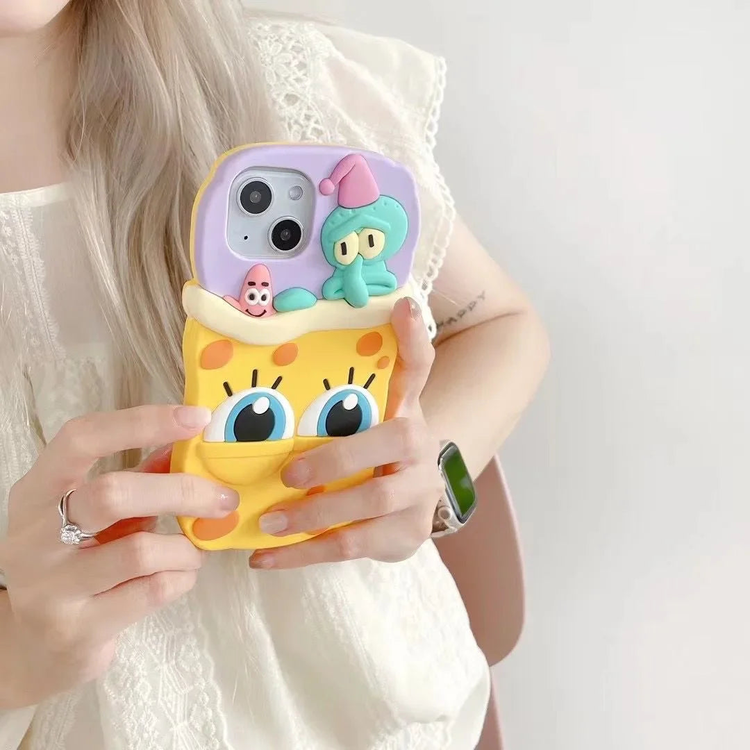 3D Cartoon Cute SpongeBobs SquarePants Patricks Stars Phone Case For IPhone 15 14 13 12 11 Pro Max Soft Silicone Back Cover Gift