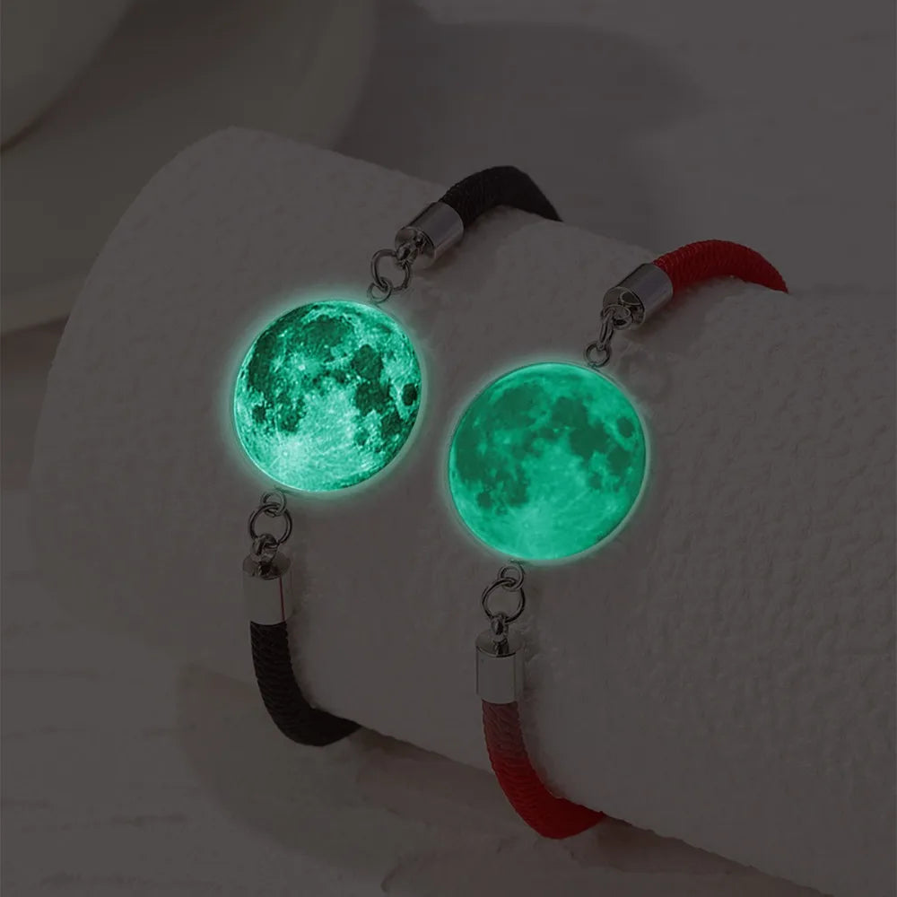 2Pcs Romantic Couple Bracelet Stainless Steel New Sun and Moon Lovers Charm Bracelet Glow in The Dark Adjustable Woven Bracelet