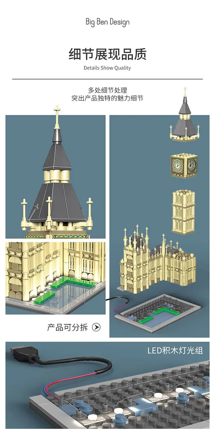 815Pcs United Kingdom Big Ben Model Building Blocks Famous Urban Architecture Street View Series DIY Toys for Girl Boy Gift