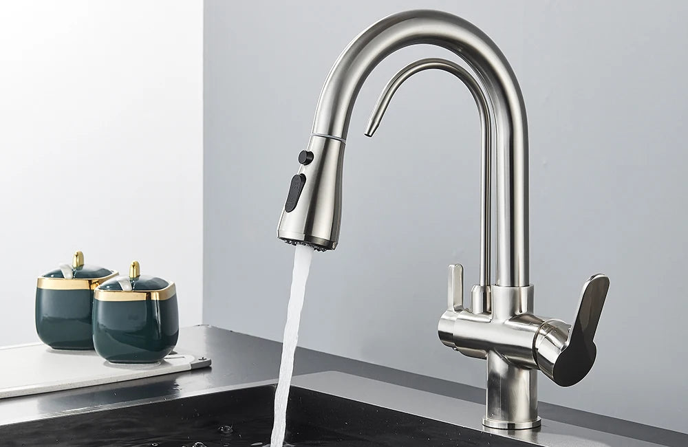 Grifo de cocina con filtro negro extraíble con rotación de 360 grados y grifo mezclador de fregadero de tres vías