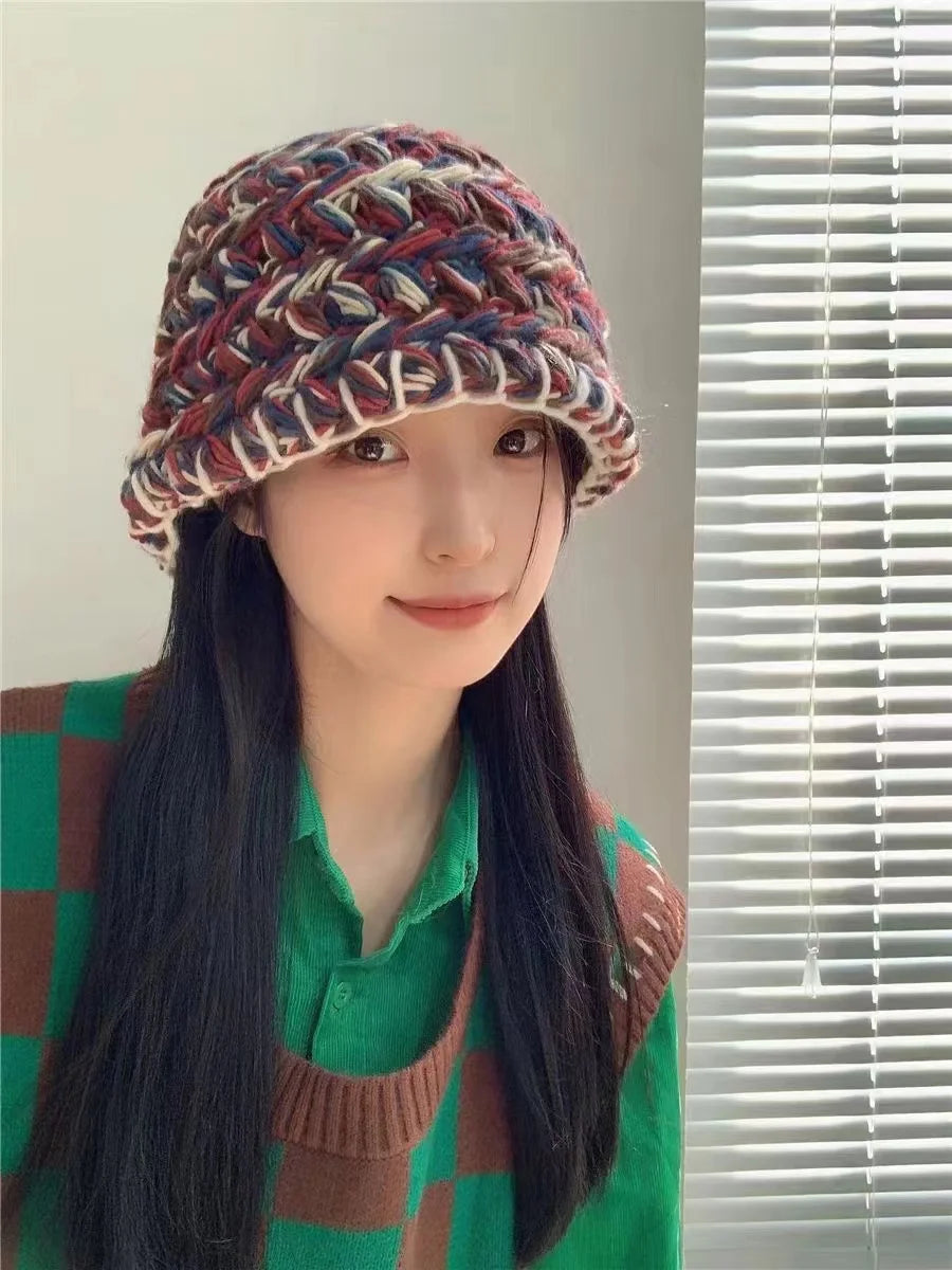2022 New Korean-Japanese Hand Buckle Crochet Bucket Hat Spring and Autumn Winter Sun Hat Female Cherry Designer Bob Basin Hat