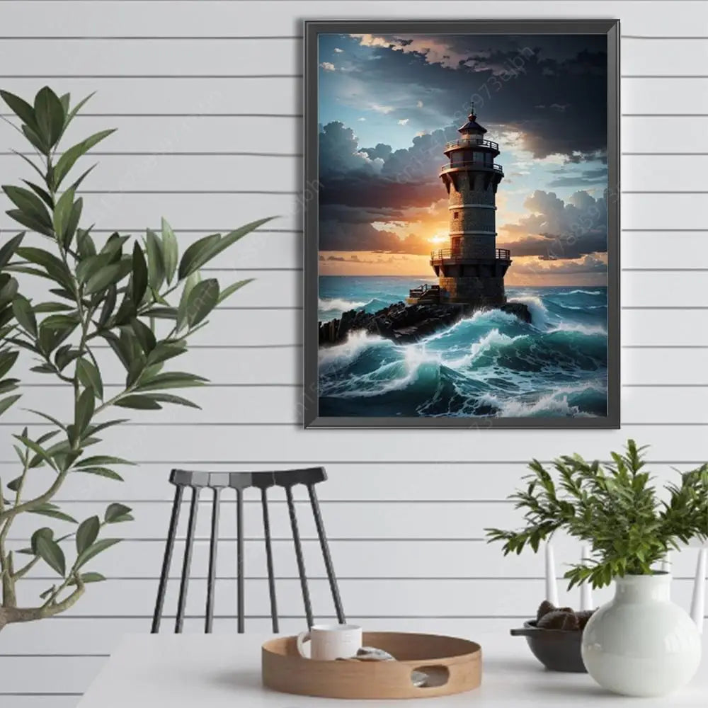 5D DIY Full Round Drill Diamond Painting Seaside Lighthouse Home Decor 30x40cm