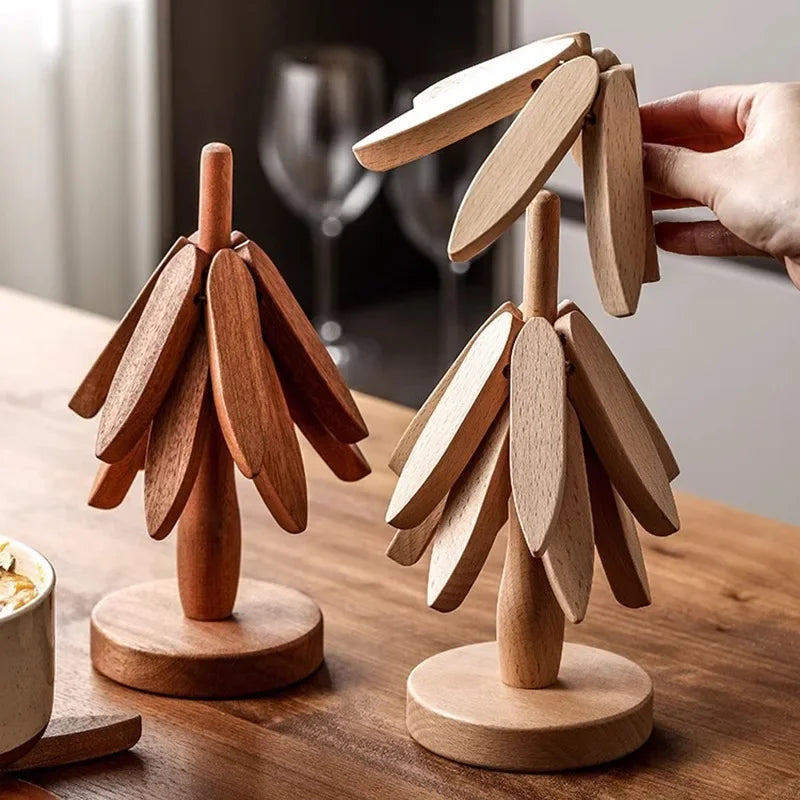 3/4Pcs Walnut Tree Table Mat Set Natural Foldable Wooden Tree Trivet for Hot Dishes Pot Bowl Teapot Holder Placemat