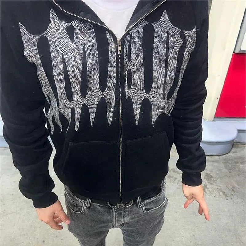 Sudadera con capucha y cremallera de cara completa con diamantes de imitación unisex Y2K, holgada, de gran tamaño, con estampado de letras góticas y estrellas, para hombre y mujer