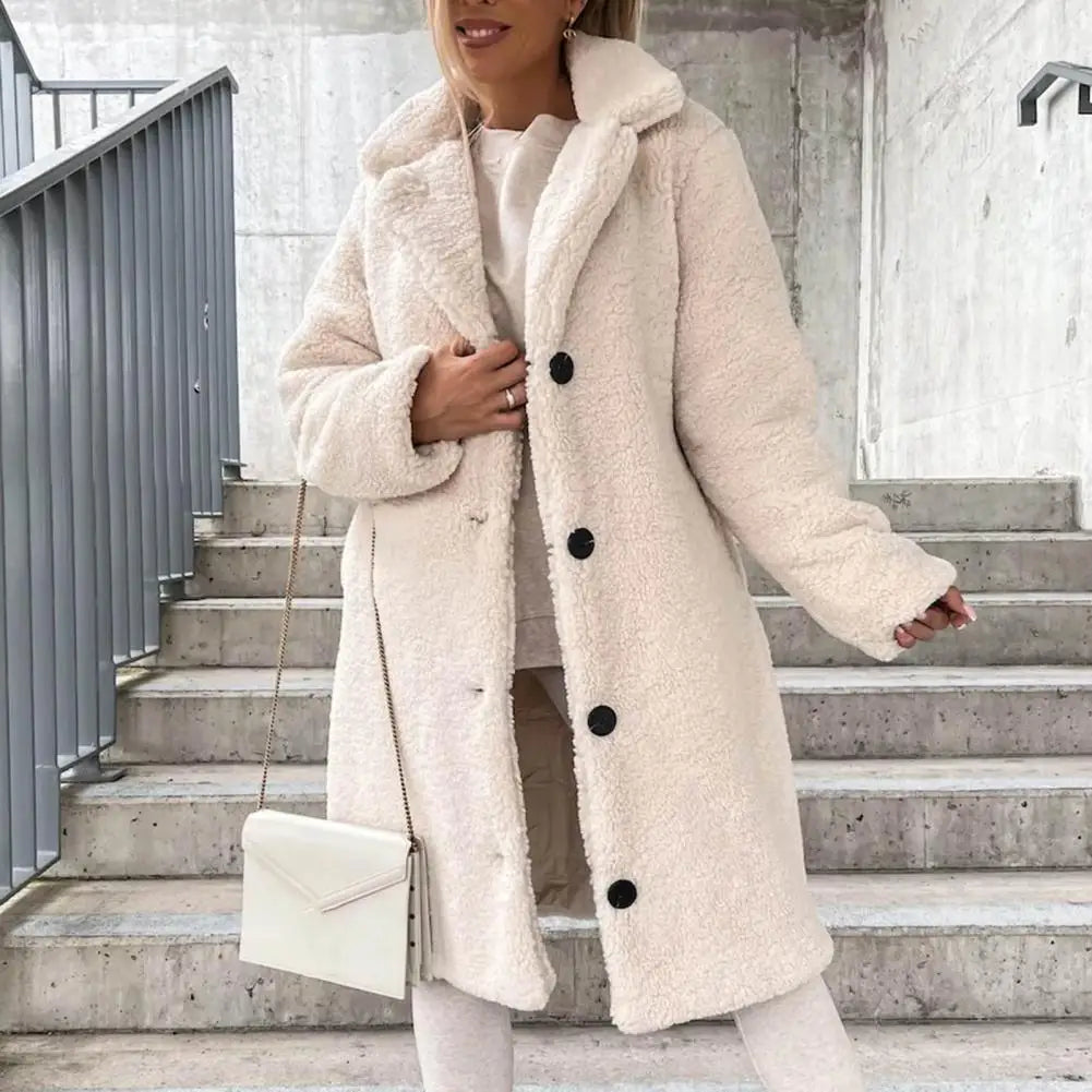 Trendy Women Overcoat Autumn Winter Women Trench Coat Long Style Pure Color Single-breasted Teddy Jacket Windproof