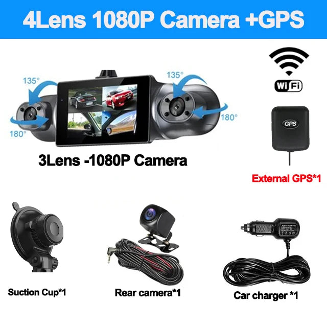 Cámara de salpicadero para coche de 1080P con GPS, WIFI, aplicación, grabadora de vídeo de 4 lentes, DVR de 360°, cámara de visión trasera, monitor de estacionamiento, caja negra, accesorios para coche