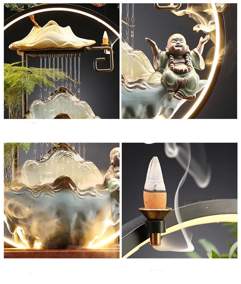 35cm Lucky Deer Fortune Fountain Chinese LED Lamp Ceramic Backflow Incense Burner Feng Shui Rockery Home Decor Ornament