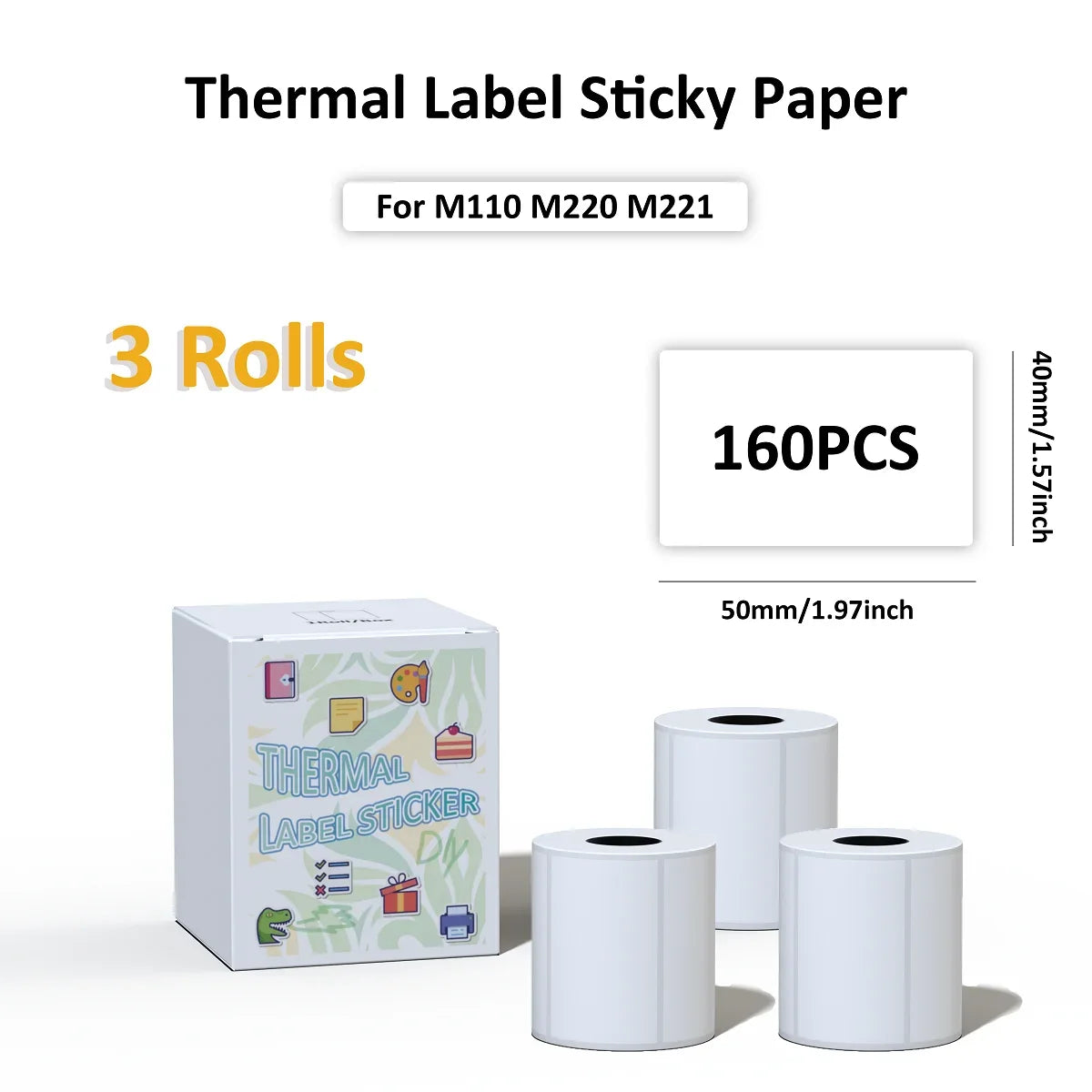 3 Rolls Thermal Sticker Label Paper Adhesive Square/Round Labels For M110/M221/M220/M120/M200/M110S For Logo,Address Label