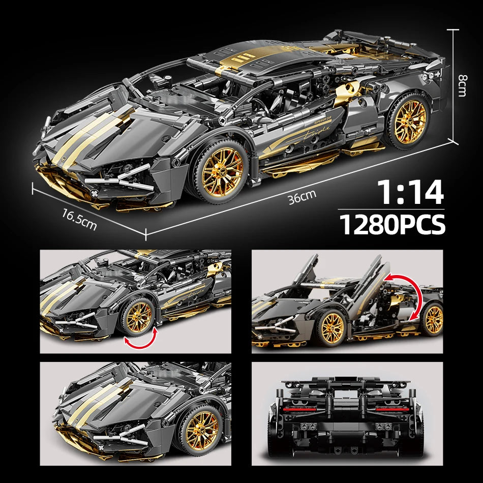 1280 piezas 1:14 bloques de construcción coche MOC ciudad velocidad lujo auto de carreras vehículo con súper corredores ladrillos juguetes para niños regalo.